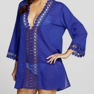 La Blanca Blue Coverup Lace Crochet Inset and detail